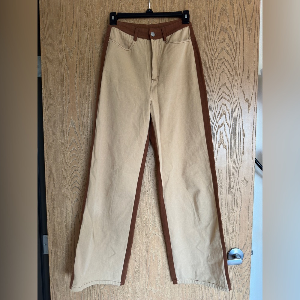 Colorblock Beige and Brown Wide-Leg Pants